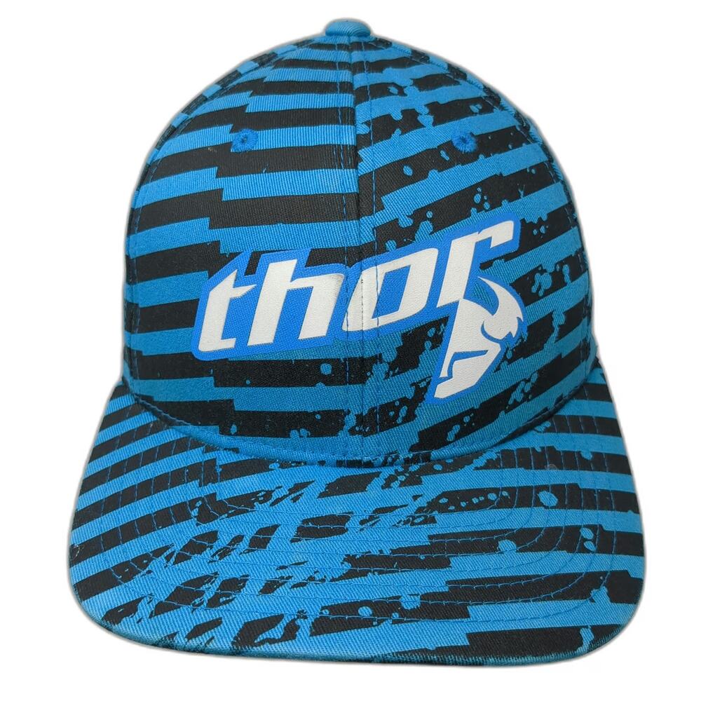 Thor Baseball Cap Blue Black White M Flexfit Glitch Stripe Graphic Pattern Hat